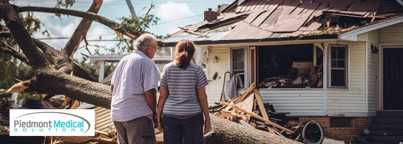 Couple looking at destroyed home outside