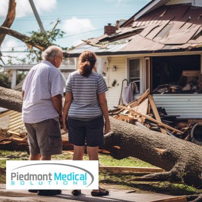 Couple looking at destroyed home outside