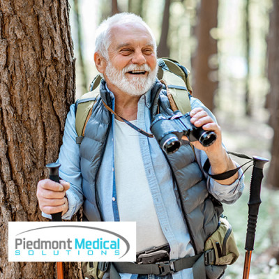 Elder gentlemen outside hiking in the wilderness