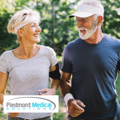 Happy elderly couple exercise walking